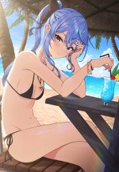 Rule 34 | 1girl, absurdres, beach, beach umbrella, bikini, black bikini, blue eyes, blue hair, blue nails, blue sky, bracelet, breasts, cherry, cloud, crossed legs, cup, day, drinking glass, drinking straw, elbow rest, food, fruit, high ponytail, highres, hololive, hoshimachi suisei, ice, ice cube, jewelry, looking at viewer, navel, outdoors, palm tree, parted lips, pendant, side-tie bikini bottom, sitting, sky, small breasts, solo, star (symbol), star in eye, stomach, swimsuit, symbol in eye, table, thighs, tree, umbrella, virtual youtuber, yozora (1wkdgusdn)