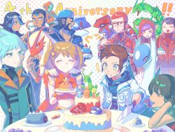 Rule 34 | 4girls, 6+boys, angry, anniversary, aqua eyes, aqua hair, archie (pokemon), black hair, blaziken, blue eyes, brendan (pokemon), brendan (sygna suit) (pokemon), brown hair, cake, candy, character food, closed eyes, closed mouth, courtney (pokemon), creatures (company), dark-skinned female, dark-skinned male, dark skin, deoxys, drooling, facial hair, food, fork, game freak, gem, gen 3 pokemon, glasses, goggles, goggles on head, groudon, highres, holding, holding fork, holding knife, hood, hood up, horned hood, horns, knife, kyogre, latios, legendary pokemon, long hair, matt (pokemon), maxie (pokemon), may (pokemon), may (sygna suit) (pokemon), midriff, multiple boys, multiple girls, mythical pokemon, nintendo, open mouth, plate, pokemon, pokemon (creature), pokemon masters ex, purple eyes, purple hair, rayquaza, red eyes, red hair, shelly (pokemon), short hair, smile, star-shaped pupils, star (symbol), steven stone, steven stone (sygna suit), sweatdrop, symbol-shaped pupils, tabitha (pokemon), table, takibpkms, twintails, utensil in mouth, zinnia (pokemon)