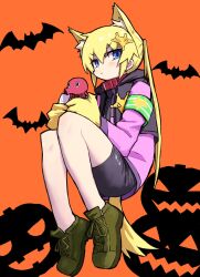Rule 34 | 1girl, alternate costume, animal ear fluff, animal ears, armband, bat (animal), black collar, blonde hair, blue eyes, blush, boots, closed mouth, collar, full body, hair ornament, halloween, highres, jack-o&#039;-lantern, kill me baby, long sleeves, looking at viewer, octopus, orange background, simple background, solo, sonya (kill me baby), tail, twintails, yachima tana