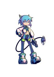 Rule 34 | 1girl, alpha (super alloy ranger), artist request, blue eyes, blue hair, boots, cropped jacket, fingerless gloves, full body, gloves, gun, hand on own hip, handgun, highres, holding, holding gun, holding weapon, mechanical tail, official art, pantyhose, science fiction, second-party source, short hair, short shorts, shorts, solo, standing, super alloy ranger, tail, transparent background, weapon