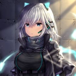 Rule 34 | 1girl, aqua eyes, black jacket, breasts, buran (22x), commentary request, crack, cracked wall, glowing, grey scarf, hair between eyes, headset, highres, icey, icey (game), jacket, large breasts, light particles, looking at viewer, open clothes, open jacket, parted lips, scarf, short hair, short sleeves, silver hair, solo, tile floor, tiles, underbust, upper body