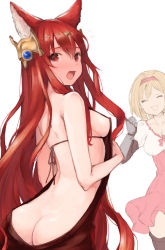 Rule 34 | 2girls, animal ears, anthuria, ass, bad id, bad pixiv id, bare arms, bare shoulders, blonde hair, breasts, butt crack, djeeta (granblue fantasy), erune, flying sweatdrops, granblue fantasy, hair between eyes, hair ornament, hairband, koretsuki azuma, long hair, looking at viewer, meme attire, multiple girls, red eyes, red hair, sideboob, simple background, small breasts, thumbs up, very long hair, virgin killer sweater, white background