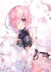 Rule 34 | 1girl, armor, armored dress, blue n, blush, breasts, cherry blossoms, closed mouth, cowboy shot, fate/grand order, fate (series), hair over one eye, hand on own chest, hood, hoodie, leaning forward, looking at viewer, mash kyrielight, medium breasts, open clothes, open hoodie, petals, pink hair, purple eyes, short hair, smile, solo, sparkle, tareme, thighs