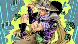 Rule 34 | 1boy, araki hirohiko (style), artist request, belt, black hair, cosplay, crossover, eyelashes, facial hair, gyro zeppeli, gyro zeppeli (cosplay), hat, headphones, highres, jojo no kimyou na bouken, long nose, looking at viewer, medium hair, one piece, ponytail, purple shirt, serious, shirt, solo, source request, steel ball run, trait connection, usopp