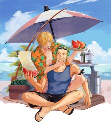 Rule 34 | 2boys, alternate costume, bandana around arm, beach, black footwear, black shorts, blonde hair, blue eyes, blue tank top, cigarette, crossed legs, earrings, face grab, facial hair, food, food on face, fruit, goggles, goggles on head, green hair, hair over one eye, hawaiian shirt, highres, holding, holding plate, jennyandloiryan, jewelry, long sleeves, looking at another, male focus, multiple boys, muscular, muscular male, one piece, open clothes, open shirt, plate, roronoa zoro, sandals, sanji (one piece), scar, scar across eye, shirt, short hair, shorts, tank top, watermelon, watermelon seeds