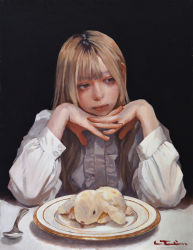 Rule 34 | 1girl, absurdres, asian, black background, blonde hair, blouse, blunt bangs, brown eyes, canvas (medium), center frills, closed mouth, dark background, elbow rest, elbows on table, expressionless, facing viewer, frilled shirt, frills, hair over shoulder, hands up, head rest, highres, imai takahiro, indoors, light brown hair, long hair, long sleeves, looking away, looking to the side, multicolored hair, no lineart, nose, oil painting (medium), original, own hands clasped, own hands together, painting (medium), plate, puffy long sleeves, puffy sleeves, roots (hair), shirt, signature, sleeve cuffs, solo, spoon, stuffed animal, stuffed rabbit, stuffed toy, swept bangs, table, traditional media, upper body, white shirt