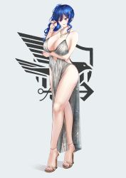 Rule 34 | 1girl, absurdres, azur lane, backless dress, backless outfit, bad id, bad pixiv id, bare shoulders, blue hair, blue nails, blush, bracelet, breast hold, breasts, cleavage, commentary, commission, diamond (gemstone), diamond earrings, dress, eagle union (emblem), earrings, english commentary, evening gown, feet, grey background, hair between eyes, hair ornament, hairclip, halter dress, halterneck, high heels, highres, huge breasts, jewelry, lipstick, long dress, long hair, makeup, nail polish, necklace, no bra, no panties, plunging neckline, purple eyes, red lips, revealing clothes, shizuko hideyoshi, side ponytail, sidelocks, silver dress, solo, sparkle, st. louis (azur lane), st. louis (luxurious wheels) (azur lane), thighs, toenail polish, toenails