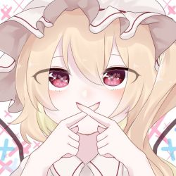 Rule 34 | 1girl, blonde hair, blush, collared shirt, covered mouth, crossed fingers, eringi (rmrafrn), eyebrows hidden by hair, fingernails, flandre scarlet, frilled shirt collar, frills, hair between eyes, hands up, hat, long hair, looking at viewer, mob cap, nail polish, one side up, portrait, red eyes, red nails, shirt, solo, symbol in eye, touhou, white hat, x fingers