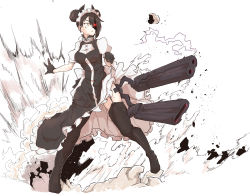 Rule 34 | 1girl, absurdres, agent (girls&#039; frontline), asymmetrical hair, beam cannon, black dress, black footwear, black gloves, boots, cable, cannon, clothes lift, dinoyhs, double bun, dress, dress lift, dust, explosion, eyelashes, frilled dress, frills, garter straps, girls&#039; frontline, gloves, glowing, glowing eye, hair bun, hair over one eye, high heel boots, high heels, highres, juliet sleeves, long sleeves, looking to the side, maid, maid headdress, mechanical arms, parted lips, puffy sleeves, red eyes, rubble, sangvis ferri, scrape, short sleeves, simple background, single mechanical arm, smoke, solo, thigh boots, thighhighs, thighs, tsurime, white background, wire, yellow eyes