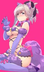 Rule 34 | 1girl, animal ear fluff, animal ears, asymmetrical hair, blue eyes, breasts, chestnut mouth, claw pose, cosplay, craft essence (fate), elbow gloves, embarrassed, eyes visible through hair, fate/grand order, fate (series), from side, fur-trimmed gloves, fur-trimmed legwear, fur collar, fur trim, gloves, hair over one eye, halloween costume, highres, large breasts, looking at viewer, mash kyrielight, mash kyrielight (dangerous beast), mash kyrielight (dangerous beast) (cosplay), miyamoto musashi (fate), navel, o-ring, o-ring top, official alternate costume, pink background, pink hair, ponytail, purple gloves, purple legwear, revealing clothes, shunichi, simple background, sitting, solo, tail, underboob, wolf ears, wolf tail