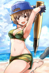 Rule 34 | 10s, 1girl, absurdres, akiyama yukari, ammunition, armpits, arms up, backwards hat, bare shoulders, barefoot, beach, bikini, blue hat, blush, breasts, brown eyes, brown hair, camouflage, camouflage bikini, cleavage, cloud, cloudy sky, cowboy shot, eyebrows, girls und panzer, gloves, hat, highres, holding, looking at viewer, navel, okitsugu, open mouth, oversized object, sandals, shell (projectile), shiny skin, short hair, sky, solo, stomach, strap gap, swimsuit, unworn sandals, water