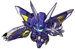 Rule 34 | absurdres, assault visor, balgora glory, commentary, commission, english commentary, flying, gun, highres, holding, holding gun, holding weapon, looking at viewer, mecha, no humans, open hand, pillar buster, robot, science, solo, super robot wars, super robot wars z, super robot wars z1, weapon, white background