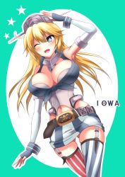Rule 34 | american flag, american flag legwear, asymmetrical legwear, bad id, bad pixiv id, blonde hair, blue eyes, breasts, cleavage, dutch angle, elbow gloves, fingerless gloves, flag print, front-tie top, garter straps, gloves, gluteal fold, hair between eyes, headgear, iowa (kancolle), kantai collection, large breasts, miniskirt, mismatched legwear, shinoda meri, simple background, skirt, solo, star-shaped pupils, star (symbol), striped clothes, striped thighhighs, symbol-shaped pupils, thighhighs, thighs, uss iowa (bb-61), vertical-striped clothes, vertical-striped thighhighs