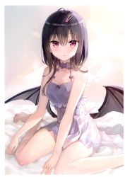 Rule 34 | 1girl, absurdres, ahoge, bare arms, bare legs, bare shoulders, barefoot, black hair, blush, breasts, choker, cleavage, collarbone, demon girl, demon wings, dress, fuumi (radial engine), grey dress, hair ornament, hairclip, halter dress, halterneck, highres, long hair, looking at viewer, medium breasts, original, parted lips, red eyes, scan, sitting, sleeveless, sleeveless dress, solo, spaghetti strap, thighs, wariza, wings