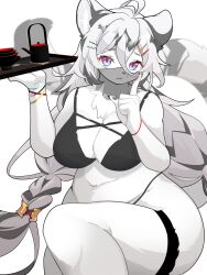 Rule 34 | 1girl, :&lt;, absurdres, ahoge, animal ears, black bra, blue eyes, bra, braid, breasts, cleavage, closed mouth, commentary request, feet out of frame, finger to own chin, furry, furry female, gradient eyes, grey hair, hair ornament, hairclip, hannah (mahjong soul), highres, holding, holding tray, index finger raised, large breasts, long bangs, long hair, looking at viewer, low-tied long hair, mahjong soul, manmarumao, mouth veil, multicolored eyes, navel, pink eyes, plump, saucer, simple background, solo, teapot, thigh strap, tiger ears, tiger girl, tray, underwear, underwear only, veil, very long hair, white background, white hair