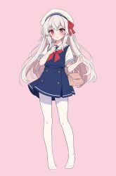 Rule 34 | 1girl, bag, beret, blue dress, blush, bow, character request, clara (honkai: star rail), commentary, dress, english commentary, full body, hair between eyes, handbag, hands up, hat, hat bow, highres, hitsukuya, honkai: star rail, honkai (series), long hair, looking at viewer, neckerchief, no shoes, pantyhose, parted lips, pink background, pleated dress, red bow, red eyes, red neckerchief, sailor collar, sailor dress, short sleeves, simple background, sleeveless, sleeveless dress, solo, standing, very long hair, white hair, white hat, white pantyhose, white sailor collar