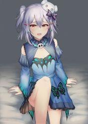 Rule 34 | 1boy, absurdres, animal print, blue dress, blue sleeves, blush, bow, brooch, butterfly print, cosplay, detached sleeves, dog hair ornament, dress, embarrassed, fang, feet out of frame, furrowed brow, grey hair, hair bow, hair ornament, highres, hololive, inuyama tamaki, jewelry, jtleeklm, looking at viewer, male focus, noripro, on bed, open mouth, red eyes, short dress, sitting, solo, trap, two side up, uruha rushia, uruha rushia (1st costume), uruha rushia (cosplay), virtual youtuber, wide sleeves