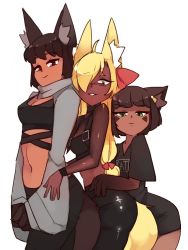 Rule 34 | 3girls, animal ears, animal hands, anubis (monster girl encyclopedia), cat ears, commentary, dark-skinned female, dark skin, ears down, english commentary, fox ears, fox tail, green eyes, hair over one eye, hhhori, hug, hug from behind, leaning forward, long sleeves, looking at viewer, midriff, monster girl, monster girl encyclopedia, multiple girls, naked shirt, navel, original, parted lips, red eyes, rtil, sanpaku, second-party source, shirt, shrug (clothing), simple background, smile, tail, white background, wolf ears, wristband