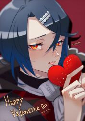 Rule 34 | 1boy, alcryst (fire emblem), asan5528, ascot, blue hair, fire emblem, fire emblem engage, hair between eyes, hair ornament, hairclip, heart, highres, holding, looking at viewer, male focus, nintendo, red background, red eyes, short hair, solo, valentine, white ascot