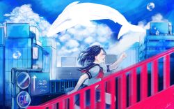 Rule 34 | 1girl, bad id, bad pixiv id, black socks, blue theme, building, cityscape, clenched hand, closed eyes, cloud, crying, flying whale, glass, highres, kneehighs, maydell, monochrome, necktie, open mouth, original, pleated skirt, red necktie, red theme, road sign, running, school uniform, serafuku, short sleeves, sign, sketch, skirt, sky, socks, solo, stairs, tears, whale
