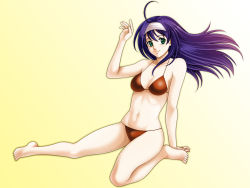 Rule 34 | 1girl, ahoge, bare shoulders, barefoot, bikini, blue hair, brown bikini, fire emblem, fire emblem: path of radiance, fire emblem: radiant dawn, full body, gradient background, green eyes, hairband, highres, long hair, looking at viewer, mia (fire emblem), nintendo, smile, solo, swimsuit, tamamon, yellow background