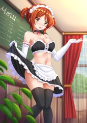 Rule 34 | &gt;:d, 1girl, :d, apron, bikini, black thighhighs, blurry, blush, breasts, brown eyes, brown hair, choker, cleavage, clothes lift, depth of field, elbow gloves, embarrassed, gloves, highres, kazenokaze, lifted by self, looking at viewer, maid, maid bikini, maid headdress, menu board, midriff, navel, open mouth, original, skirt, skirt lift, smile, solo, sweat, swimsuit, thighhighs, twintails, unconventional maid, v-shaped eyebrows, wavy mouth, white gloves, zettai ryouiki