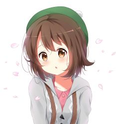 Rule 34 | 1girl, bad id, bad pixiv id, brown eyes, brown hair, chestnut mouth, collarbone, collared shirt, commentary, creatures (company), deyui, english commentary, game freak, gloria (pokemon), green hat, grey jacket, hair between eyes, hat, head tilt, highres, hood, hood down, hooded jacket, jacket, looking at viewer, nintendo, parted lips, petals, pink shirt, pokemon, pokemon swsh, shirt, simple background, solo, tam o&#039; shanter, upper body, white background