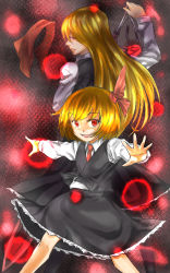 Rule 34 | 2girls, back-to-back, bad id, bad pixiv id, blonde hair, blouse, coolmint, dual persona, ex-rumia, fang, hair ribbon, highres, long hair, looking back, multiple girls, necktie, outstretched arms, red eyes, ribbon, rumia, shirt, short hair, skirt, smile, spread arms, sword, touhou, vest, weapon