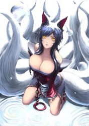 Rule 34 | 1girl, ahri (league of legends), animal ears, bare shoulders, breasts, cat ears, cat girl, cleavage, detached sleeves, facial mark, female focus, fox ears, fox tail, gradient background, hand on thigh, highres, kneeling, korean clothes, large breasts, league of legends, lips, long hair, looking at viewer, looking up, multiple tails, nose, sleeves past wrists, solo, stealthmaria, tail, tassel, thighs, whisker markings