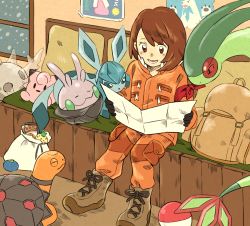Rule 34 | 1girl, backpack, bag, beartic, berry (pokemon), blush, boots, brown eyes, brown footwear, brown hair, character doll, clefairy, commentary request, couch, creatures (company), cursola, expedition uniform, flygon, game freak, gen 1 pokemon, gen 3 pokemon, gen 4 pokemon, gen 5 pokemon, gen 6 pokemon, gen 8 pokemon, glaceon, gloria (pokemon), goomy, holding, holding paper, indoors, jacket, long sleeves, looking down, matsuri (matsuike), nintendo, open mouth, oran berry, orange jacket, orange pants, pants, paper, pokemon, pokemon (creature), pokemon swsh, poster (object), sack, short hair, sitrus berry, sitting, snowing, swept bangs, teeth, tongue, torkoal, window