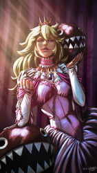 Rule 34 | 1girl, arm support, artist name, blonde hair, blue eyes, bridal gauntlets, brooch, carrying, chain, chain chomp, choker, crown, dress, hair between eyes, hands up, highres, holding, holding chain, jewelry, leaning to the side, lips, lipstick, long hair, looking at viewer, makeup, mario (series), nail polish, nintendo, open mouth, pink dress, pink lips, pink nails, princess peach, ring, sharp teeth, short sleeves, smile, ted graves, teeth, upper body