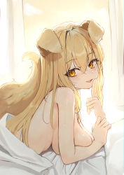 Rule 34 | 1girl, absurdres, animal ears, auuufox, bed, bed sheet, blanket, blonde hair, blush, breasts, curtain grab, curtains, dog ears, dog girl, dog tail, hair between eyes, highres, index finger raised, large breasts, long hair, looking at viewer, lying, naked sheet, nude, on bed, on stomach, open mouth, original, pillow, sheet grab, smile, solo, sweat, tail, under covers, window