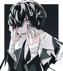 Rule 34 | 1boy, bandages, bandaged hand, bandaged head, bandages, bandaid, bandaid on cheek, bandaid on face, black hair, bleeding, blood, blood on face, blue eyes, fingernails, hair over one eye, hand on own face, highres, lower teeth only, male focus, nanora (sero4), open mouth, original, solo, teeth, tongue, upper body