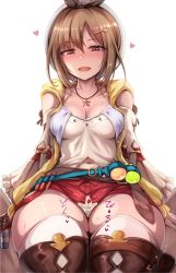 Rule 34 | 1boy, 1girl, atelier (series), atelier ryza, atelier ryza 1, belt, blush, breasts, brown eyes, brown hair, cum, ejaculation, hair ornament, hairclip, hat, hetero, highres, jewelry, looking at viewer, medium breasts, navel, necklace, nude, open mouth, red shorts, reisalin stout, shimo (depthbomb), short hair, short shorts, shorts, smile, solo focus, star (symbol), thick thighs, thigh sex, thighhighs, thighs, white headwear