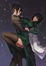 Rule 34 | 1boy, 1girl, arms around waist, black hair, black thighhighs, breasts, coat, dancing, dress, evan yang, facial mark, folded ponytail, formal, fubuki (one-punch man), green eyes, grey eyes, hand on another&#039;s shoulder, high heels, highres, jewelry, large breasts, leg up, necklace, necktie, one-punch man, onsoku no sonic, short hair, smile, stiletto heels, suit, thighhighs