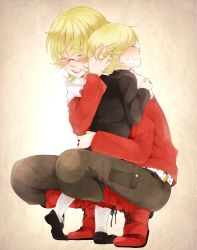 Rule 34 | 10s, 2boys, aged down, bad id, bad pixiv id, barnaby brooks jr., belt, blonde hair, boots, child, comforting, dual persona, glasses, hanata, hug, jacket, jewelry, male focus, multiple boys, necklace, red jacket, short hair, socks, studded belt, tears, tiger &amp; bunny, time paradox, white legwear
