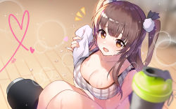 Rule 34 | 1girl, :d, apple caramel, bad id, bad pixiv id, bare arms, bare shoulders, black bra, blurry, blurry foreground, bra, bra strap, breasts, brown eyes, brown hair, cleavage, crop top, depth of field, hair ornament, holding, idoly pride, knees up, large breasts, long hair, looking at viewer, open mouth, sitting, sleeveless, smile, solo, sports bra, suzumura yuu, sweat, towel, two side up, underwear, very sweaty, wooden floor