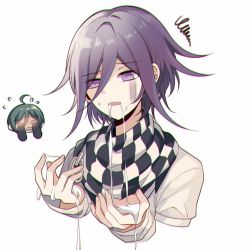 Rule 34 | 2boys, ahoge, blush, checkered clothes, checkered neckwear, checkered scarf, commentary request, cropped torso, cum, cum in mouth, cum on hands, danganronpa (series), danganronpa v3: killing harmony, facial, flying sweatdrops, full-face blush, hair between eyes, hands up, jacket, long sleeves, male focus, multiple boys, open mouth, oma kokichi, pink eyes, purple eyes, purple hair, qiao xing, saihara shuichi, scarf, short hair, simple background, squiggle, straitjacket, upper body, white background, white jacket