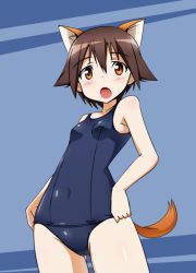 Rule 34 | 1girl, animal ears, brown eyes, brown hair, dog ears, dog tail, miyafuji yoshika, one-piece swimsuit, open mouth, school swimsuit, solo, strike witches, swimsuit, tail, world witches series, yumekaranigeruna