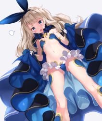 Rule 34 | 1girl, absurdres, blonde hair, blue dress, blue eyes, blue gloves, blue legwear, blush, commentary request, dress, dutch angle, flat chest, frilled gloves, frills, gloves, gluteal fold, grey background, highres, jimmy madomagi, long hair, looking at viewer, looking down, navel, open mouth, original, revealing clothes, ribbon, simple background, skirt hold, solo, standing, starry sky print, thick eyebrows, wavy hair