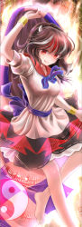 Rule 34 | 1girl, abstract background, arm up, barefoot, black hair, bow, bracelet, bracer, fire, grey horns, hajike akira, horns, impossible spell card, jewelry, kijin seija, looking at viewer, multicolored hair, puffy short sleeves, puffy sleeves, red eyes, red hair, ribbon, short hair, short sleeves, skirt, skirt hold, smile, solo, streaked hair, tongue, tongue out, touhou, white hair, yin yang