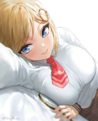 Rule 34 | 1girl, arm under breasts, artist name, blonde hair, blue eyes, blurry, blurry foreground, blush, breasts, brown skirt, closed mouth, commentary, depth of field, hair ornament, highres, hololive, hololive english, large breasts, long sleeves, looking at viewer, lying, mustache print, necktie, nhaliz, on side, plaid, plaid skirt, reaching, reaching towards viewer, red necktie, shirt, short hair, short necktie, simple background, skirt, smile, solo, virtual youtuber, watson amelia, watson amelia (1st costume), white background, white shirt