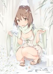 Rule 34 | 1girl, bare legs, blush, brown eyes, brown hair, curtains, dated, dress, feet, flower, hagiwara yukiho, high heels, idolmaster, idolmaster (classic), laki, looking at viewer, marble (toy), petals, sandals, scarf, short hair, solo, squatting, toes, wavy mouth