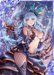 Rule 34 | 1girl, akkijin, bare shoulders, bare tree, blue hair, breasts, card (medium), cleavage, crystal, dress, fishnets, flower, gloves, glowing crystal, hair flower, hair ornament, hand on own chest, large breasts, long hair, looking at viewer, official art, purple eyes, shinkai no valkyrie, sky, staff, star (sky), starry sky, thighhighs, tree, underwear, white gloves
