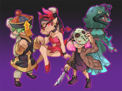 Rule 34 | 4girls, adjusting mask, anglerfish, arm support, black choker, black coat, black dress, black footwear, black hair, black headwear, blazer, bow, bracelet, brown jacket, callie (splatoon), chinese clothes, choker, closed mouth, coat, commentary, cosplay, cousins, crossed legs, demon horns, demon tail, dress, earrings, english commentary, fake horns, fake tail, fang, fish, fish costume, ghost pose, glowing, glowing eyes, gomipomi, gradient background, gradient hair, green dress, green eyes, green hair, grey pants, grin, halloween, halloween costume, hat, head rest, head tilt, high heels, hockey mask, holding, holding knife, horns, invisible chair, jacket, jason voorhees, jason voorhees (cosplay), jewelry, jiangshi costume, knife, long dress, long hair, long sleeves, looking at viewer, marie (splatoon), marina (splatoon), mask, medium hair, multicolored hair, multiple girls, nintendo, ofuda, open clothes, open jacket, pants, pearl (splatoon), pink eyes, pink hair, purple bow, red dress, red eyes, red footwear, red hair, sharp teeth, shoes, short dress, sitting, smile, sneakers, splatoon (series), splatoon 1, splatoon 2, standing, strapless, strapless dress, tail, teeth, wide sleeves