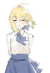 Rule 34 | 1girl, ahoge, arms behind back, artoria pendragon (all), artoria pendragon (fate), blue ribbon, blue skirt, blush, closed eyes, collared shirt, facing viewer, fate/stay night, fate (series), hair ribbon, high-waist skirt, highres, long sleeves, neck ribbon, parted lips, ribbon, saber (fate), shirt, sidelocks, simple background, sketch, skirt, smile, solo, tenoo12, white background, white shirt, wind