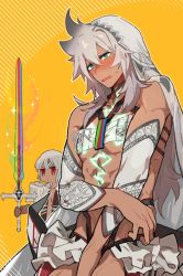 Rule 34 | 1boy, 1girl, altera (fate), altera (fate) (cosplay), balmung (fate/apocrypha), bare shoulders, blush, cosplay, costume switch, dark-skinned female, dark skin, detached sleeves, fate/apocrypha, fate/grand order, fate (series), green eyes, long hair, me (mikannu), open mouth, photon ray (fate), red eyes, siegfried (fate), siegfried (fate) (cosplay), sword, veil, weapon, white hair