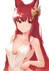 Rule 34 | 1girl, animal ears, anthuria, bad id, bad pixiv id, bare shoulders, blush, breasts, cleavage, collarbone, commentary request, dress, erune, granblue fantasy, hair ornament, highres, koretsuki azuma, long hair, looking at viewer, medium breasts, red eyes, red hair, simple background, smile, solo, white background, white dress