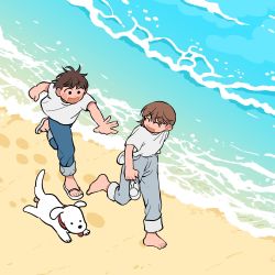 Rule 34 | 1boy, 1girl, animal, barefoot, beach, black eyes, blue pants, blush, brown hair, closed eyes, day, denim, dog, flip-flops, highres, holding, holding clothes, holding footwear, holding shoes, jeans, looking at another, mannerer62, open mouth, original, outdoors, outstretched arm, pants, sandals, shirt, shoes, short hair, short sleeves, smile, water, waves, white dog, white footwear, white shirt