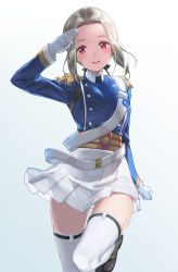 Rule 34 | 1girl, ash arms, belt, black footwear, black ribbon, blue jacket, blush, brown hair, buttons, char b1 (ash arms), commentary request, double-breasted, epaulettes, hair ribbon, heart, ichimasa game, jacket, leg up, light blush, long sleeves, looking at viewer, miniskirt, open mouth, pleated skirt, red eyes, ribbon, salute, sam browne belt, sash, shoes, short hair, sidelocks, skirt, smile, solo, standing, standing on one leg, thighhighs, white belt, white skirt, white thighhighs